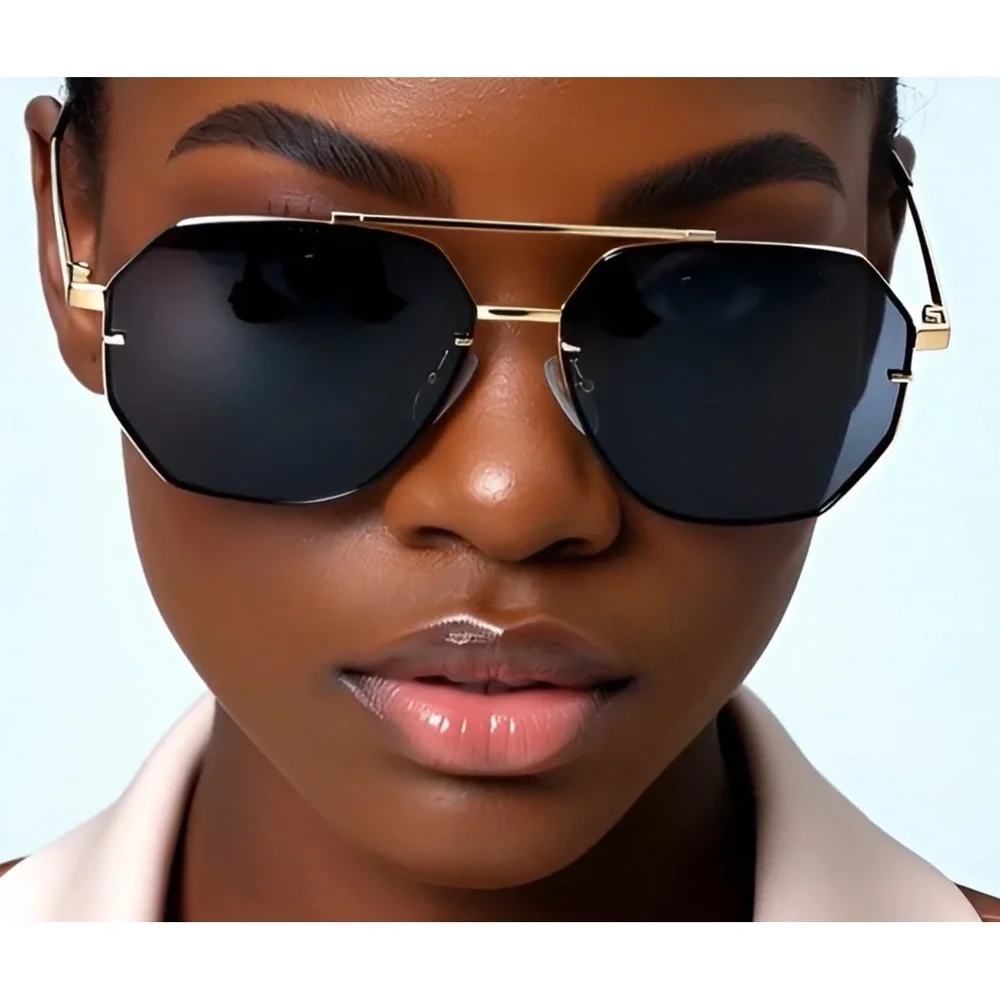 Sunglasses Flat‎ Top Fashion Forward Gold UV400 Protection Dark Black Lens Women